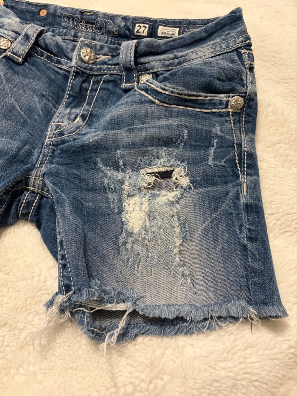 Miss Me Distressed Denim Cutoff Shorts in Blue - Picture 8 of 9